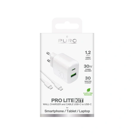PURO ŁADOWARKA 30W DO TELEFONÓW USB-A USB-C 1.2M KABEL Z ŁADOWANIEM SZYBKIM