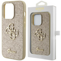 Etui Guess Glitter Script Big 4G na iPhone 15 - złote