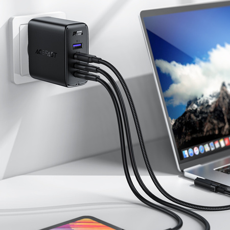 Acefast szybka ładowarka sieciowa GaN 3xUSB-C/1xUSB-A 100W czarna + kabel kątowy USB-C - USB-C 100W 2m czarny