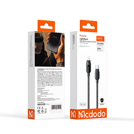 MCDODO KABEL USB-C LIGHTNING SZYBKIE ŁADOWANIE PD 36W 1M LED CZARNY