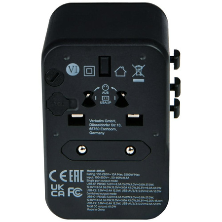 Verbatim Adapter podróżny EU/UK/US3xUSB-A/2xUSB-C PD 61W UTA-04 czarny/black 49546