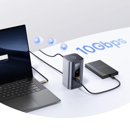 Stacja dokująca Baseus Spacemate RD1 hub 11w1 USB-C - 2xHDMI 4K@60Hz 2xDP 4K@60Hz 2xUSB-A 10Gb/s USB-C 10Gb/s RJ45 USB-A 480Mb/s USB-C PD mini jack 3.5mm ładowarka EU - szara