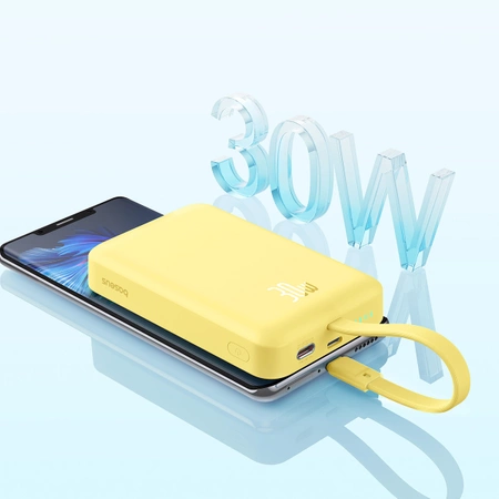 Powerbank Baseus Magnetic Mini MagSafe 10000mAh 30W z wbudowanym kablem USB-C - żółty + kabel Baseus Simple Series USB-C - USB-C 60W 0.3m