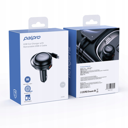 PALPRO SZYBKA ŁADOWARKA SAMOCHODOWA 2X USB-A USB-C KABEL ZWIJANY 53W