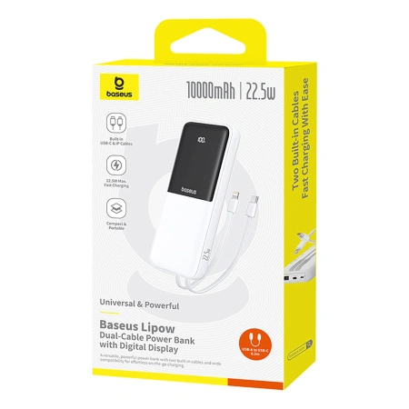 Powerbank Baseus Lipow 10000mAh 22,5W z dwoma wbudowanymi kablami (z kablem Baseus Simple USB-A - USB-C 3A 20cm) - biały