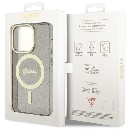 Etui Guess GUHMP14LHCMCGK na iPhone 14 Pro - czarne Glitter Gold MagSafe