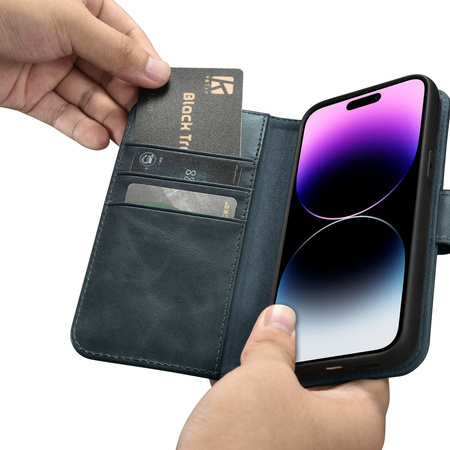 iCarer Oil Wax Wallet Case 2in1 etui iPhone 14 Pro Max skórzany pokrowiec z klapką Anti-RFID niebieski (WMI14220724-BU)