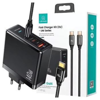 USAMS Ład. siec. 2xUSB-C+1xUSB T52PD140W PD Fast Charging US-CC168 + kabel U82 USB-C/USB-C US-SJ581 240W czarny/black UM Series UMXLOGTC01