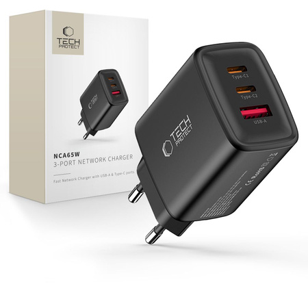 TECH-PROTECT NCA65W-GAN 3-PORT NETWORK CHARGER PD 65W / QC3.0 BLACK