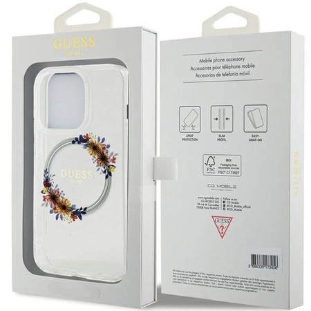 Etui Guess IML Flowers Wreatch MagSafe na iPhone 15 Pro - przezroczyste
