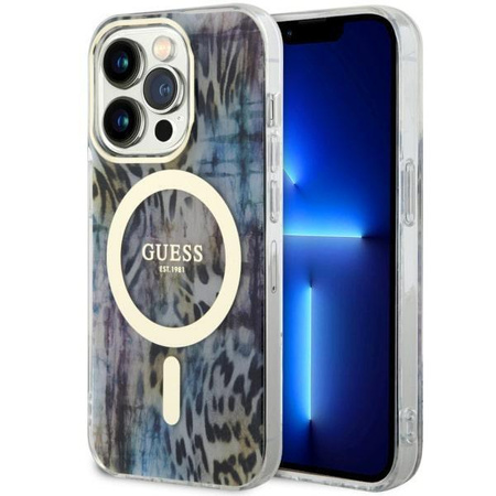 Etui Guess GUHMP14LHLEOPWB na iPhone 14 Pro - niebieskie Leopard MagSafe