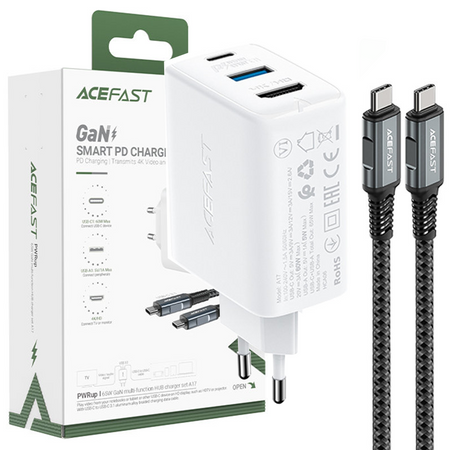 Acefast 2w1 ładowarka sieciowa GaN 65W USB Typ C / USB, adapter przejściówka HDMI 4K@60Hz (zestaw z kablem) biały (A17 white)