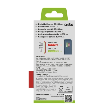 Powerbank SBS 10000 mAh 20W z wbudowanym kablem USB-C i wyświetlaczem cyfrowym - ciemnoszary