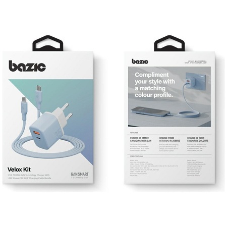 Ładowarka sieciowa Bazic GoPort Velox    Kit USB-C/USB-A GaN 35W z kablem niebieski