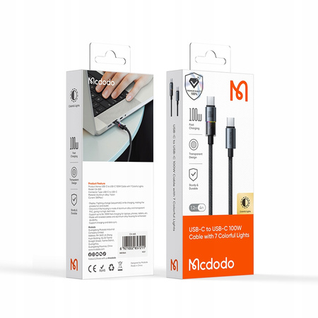 MCDODO KABEL USB-C DO TELEFONU SZYBKIE ŁADOWANIE TYP C 100W 1M LED CZARNY