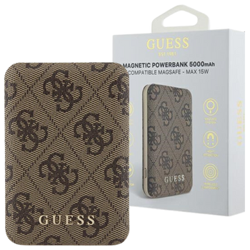 Guess Powerbank indukcyjny 15WGUPB5FP4EMGW 5000mAh brązowy/brown 4G Leather Metal Logo MagSafe