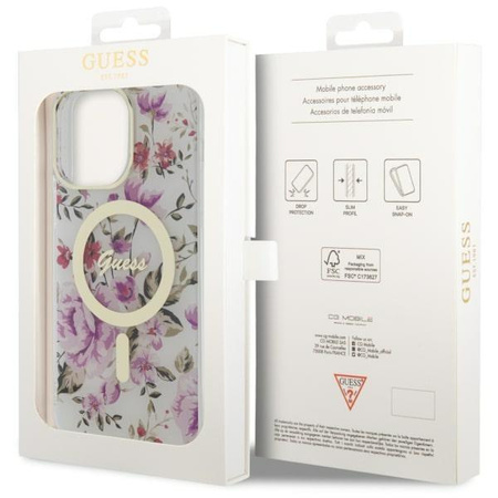 Etui Guess GUHMP14LHCFWST na iPhone 14 Pro - przezroczyste hardcase Flower MagSafe