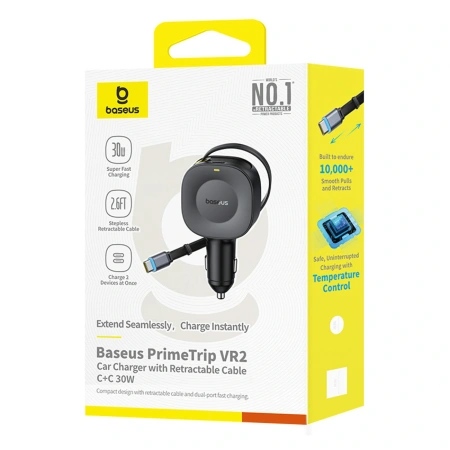 Ładowarka samochodowa Baseus PrimeTrip VR2 30W ze zwijanym kablem USB-C - czarna