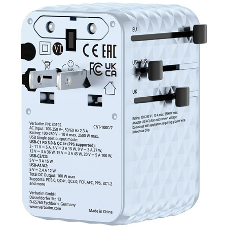 Verbatim Adapter podróżny EU/UK/US GaN   2xUSB-C/2xUSB-A/1xUSB-C PD 100W niebieski 30192