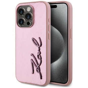 KARL LAGERFELD ETUI WRINKLED METAL SIGNATURE DO IPHONE 15 PRO ZŁOTE Z LOGO