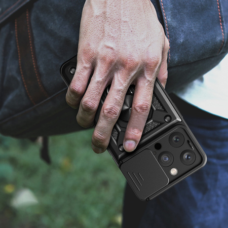 Pancerne etui z podstawką i osłoną aparatu do iPhone 15 Pro Hybrid Armor Camshield - różowe