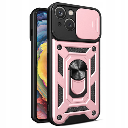 Pancerne etui z podstawką i osłoną aparatu do iPhone 15 Plus Hybrid Armor Camshield - różowe