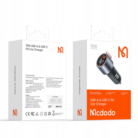 MCDODO MOCNA SZYBKA ŁADOWARKA SAMOCHODOWA Z MIERNIKIEM 2X USB USB-C 75W LED
