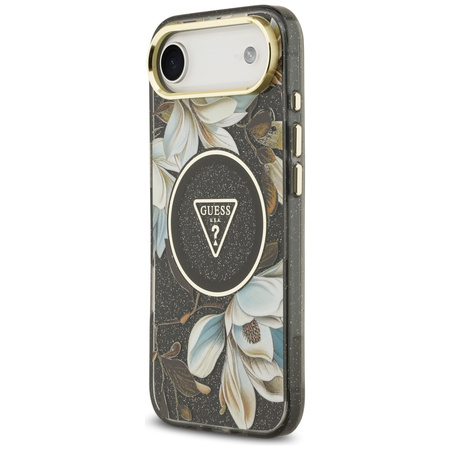Etui Guess IML Glitter Flowers Triangle  MagSafe do iPhone Air czarny