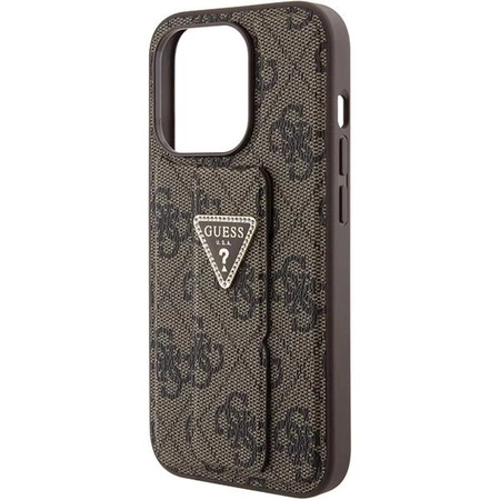 Etui Guess Grip Stand 4G Triangle Strass na iPhone 15 Pro - brązowe