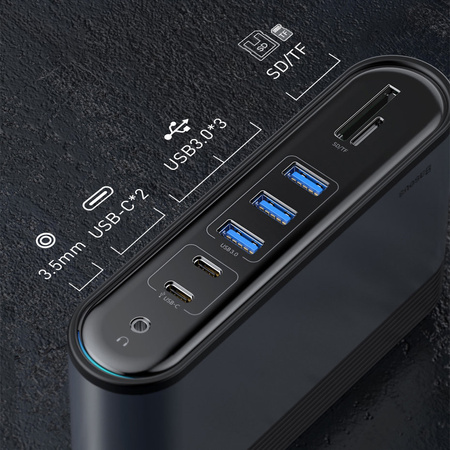 Baseus wielofunkcyjny HUB 3x USB 3.2 Gen 1 / 2x USB 2.0 / 2x USB Typ C / czytnik kart SD i micro SD / AUX / 3x HDMI / RJ45 1Gbps Power Delivery 100W (wtyczki EU / CN / UK) szary (CAHUB-DG0G)