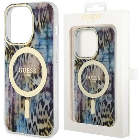 Etui Guess GUHMP14SHLEOPWB na iPhone 14 - niebieskie Leopard MagSafe