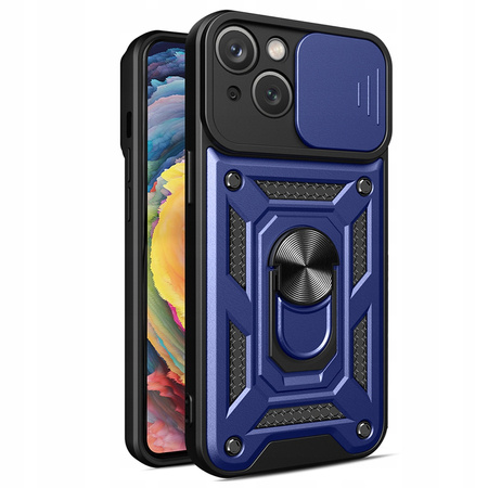 Pancerne etui z podstawką i osłoną aparatu do iPhone 15 Plus Hybrid Armor Camshield - niebieskie