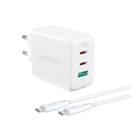 Acefast 2w1 ładowarka sieciowa 2x USB Typ C / USB 65W, PD, QC 3.0, AFC, FCP (zestaw z kablem) biały (A13 white)