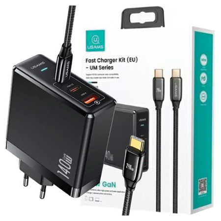 USAMS Ład. siec. 2xUSB-C+1xUSB T52PD140W PD Fast Charging US-CC168 + kabel U82 USB-C/USB-C US-SJ581 240W czarny/black UM Series UMXLOGTC01