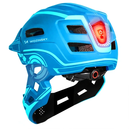 Kask rowerowy fullface dziecięcy Wozinsky z tylną lampką USB 52-56 cm - niebieski