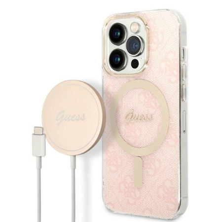 Guess zestaw ładowarka MagSafe + etui do iPhone 14 Pro 6,1" różowe 4G Print(GUBPP14LH4EACSP)