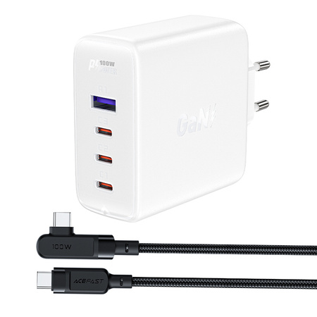 Acefast szybka ładowarka sieciowa GaN 3xUSB-C/1xUSB-A 100W biała + kabel kątowy USB-C - USB-C 100W 2m biały