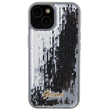 Etui Guess Sequin Script Metal na iPhone 15 - srebrne