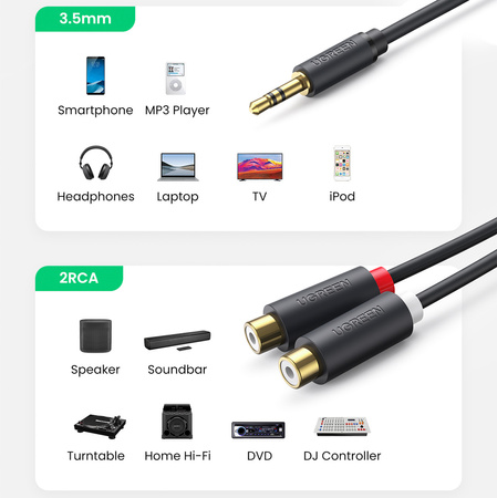 Ugreen przejściówka adapter jack 6,35 mm (męski) na RCA (żeński) złoty (AV169 80731)