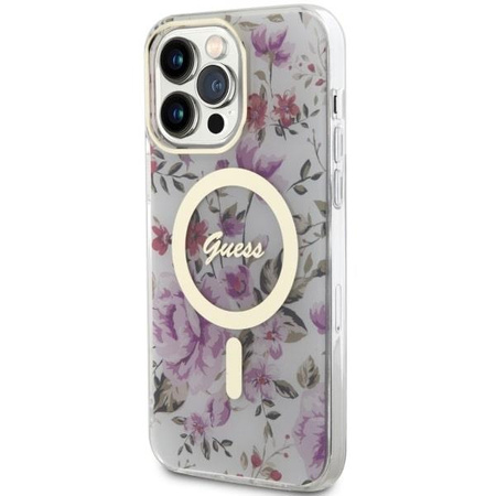 Etui Guess GUHMP14LHCFWST na iPhone 14 Pro - przezroczyste hardcase Flower MagSafe