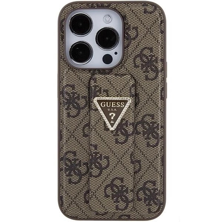 Etui Guess Grip Stand 4G Triangle Strass na iPhone 15 Pro - brązowe