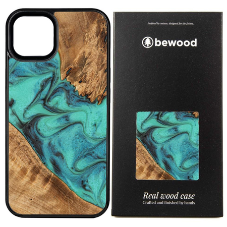 Etui z drewna i żywicy na iPhone 15 Bewood Unique Turquoise - turkusowo-czarne