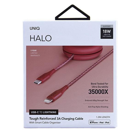 UNIQ kabel MFI Halo USB-C-Lightning 18W nylonowy zwijany 1,2m czerwony/carmine red