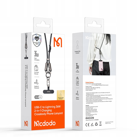 MCDODO SMYCZ DO TELEFONU NA SZYJE WKŁADKA CROSSBODY CZARNA KABEL DO IPHONE