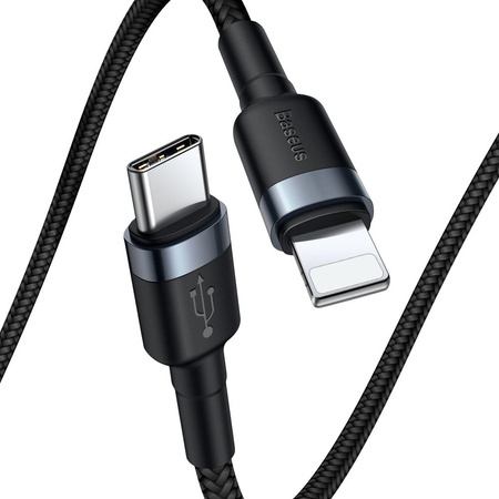 Baseus Cafule Cable wytrzymały nylonowy kabel przewód USB Typ C PD / Lightning 18W QC3.0 1m czarny-szary (CATLKLF-G1)