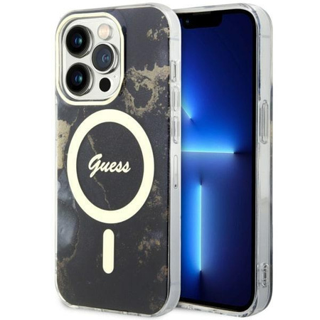 Etui Guess GUHMP14LHTMRSK na iPhone 14 Pro - czarne Golden Marble MagSafe
