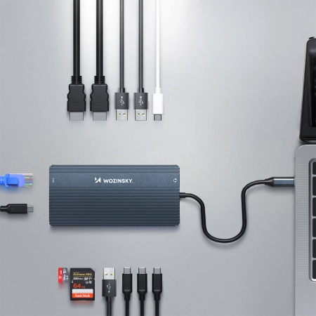 WOZINSKY HUB USB-C 14 W 1 DO KOMPUTERA 3 MONITORY ALUMINIOWY Z KABLEM 15