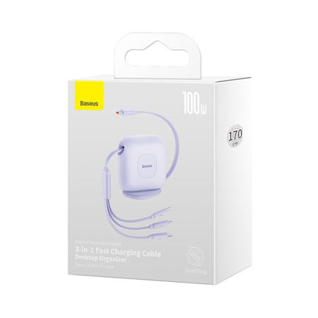 Baseus Traction Series zwijany kabel 3 w 1 USB Typ C - micro USB / USB Typ C / Lightning Power Delivery 100W 1,7m fioletowy (CAQY000005)