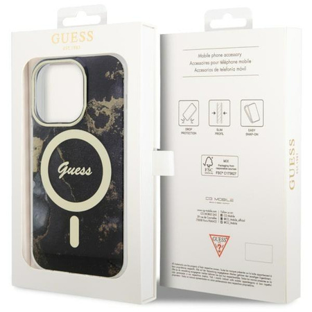 Etui Guess GUHMP14LHTMRSK na iPhone 14 Pro - czarne Golden Marble MagSafe