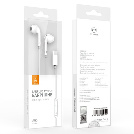 Słuchawki do telefonu Mcdodo przewodowe Element USB typ-C białe